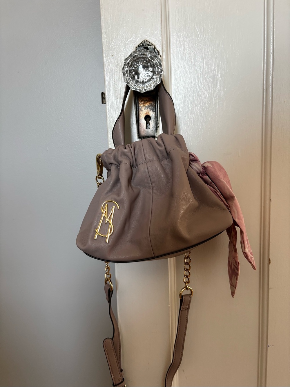 Steve Madden Taupe Mini Drawstring Bucket Bag with Pink Scarf